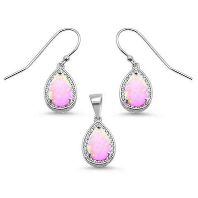 Sterling Silver Pear Shape Pink Opal and Cubic Zirconia Earring and Pendant Set