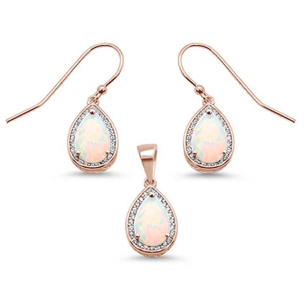 Sterling Silver Rose Gold Plated Pear Shape White Opal and Cubic Zirconia Earring and Pendant Set
