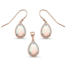 Load image into Gallery viewer, Sterling Silver Rose Gold Plated Pear Shape White Opal and Cubic Zirconia Earring and Pendant Set