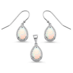 Sterling Silver Pear Shape White Opal and Cubic Zirconia Earring and Pendant Set