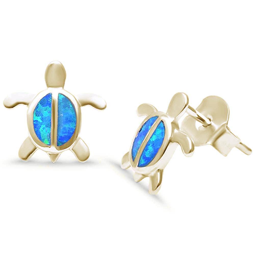 Sterling Silver Cute Yellow Gold Plated Blue Opal Turtle Earrings - silverdepot
