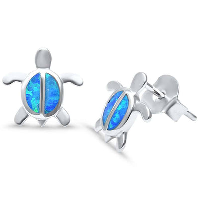 Sterling Silver Lab Created Blue Opal Turtle Stud Earrings, Width 10mm