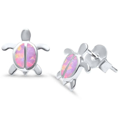Sterling Silver Cute Pink Opal Turtle Earring, Width 10mm