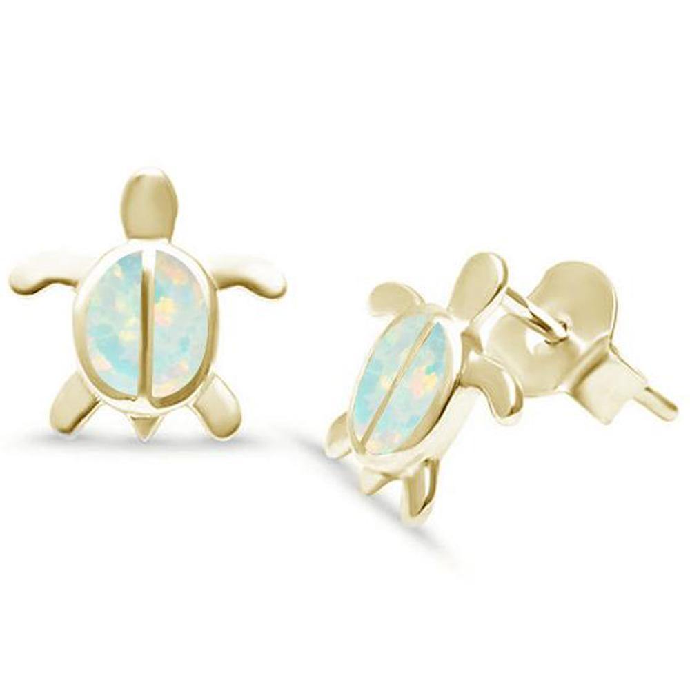 Sterling Silver Cute Yellow Gold Plated White Opal Turtle Earrings - silverdepot