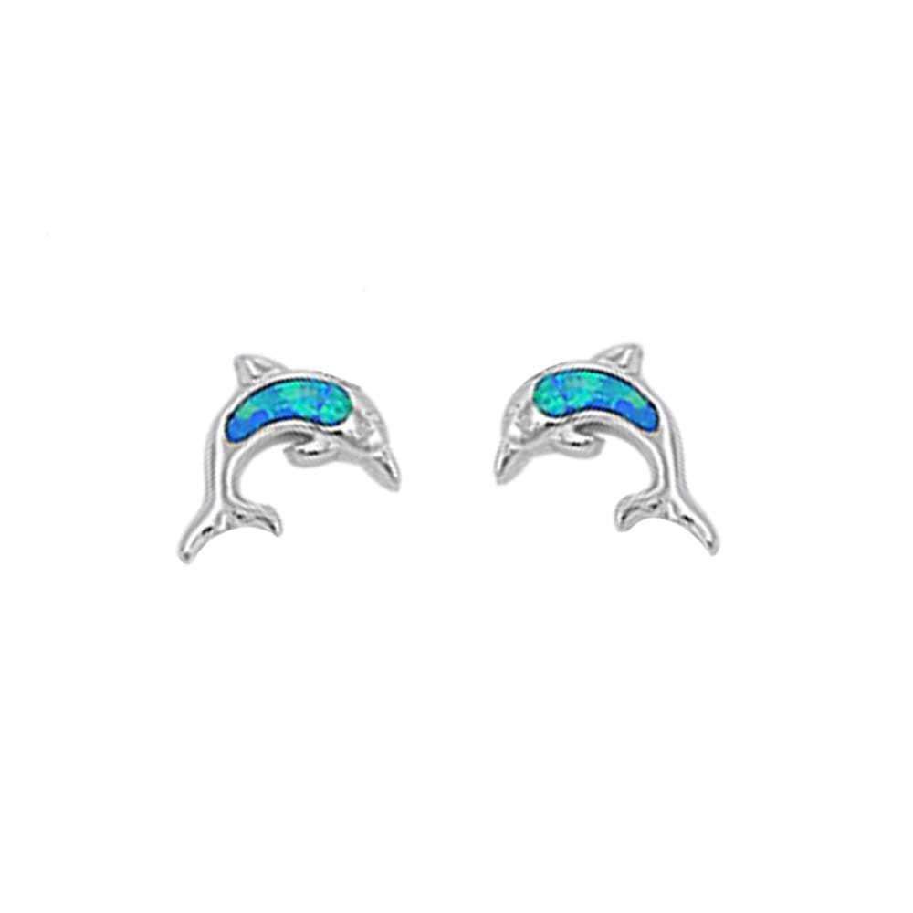 Sterling Silver Cute Blue Opal Dolphin Stud EarringsAnd Thickness 9mm