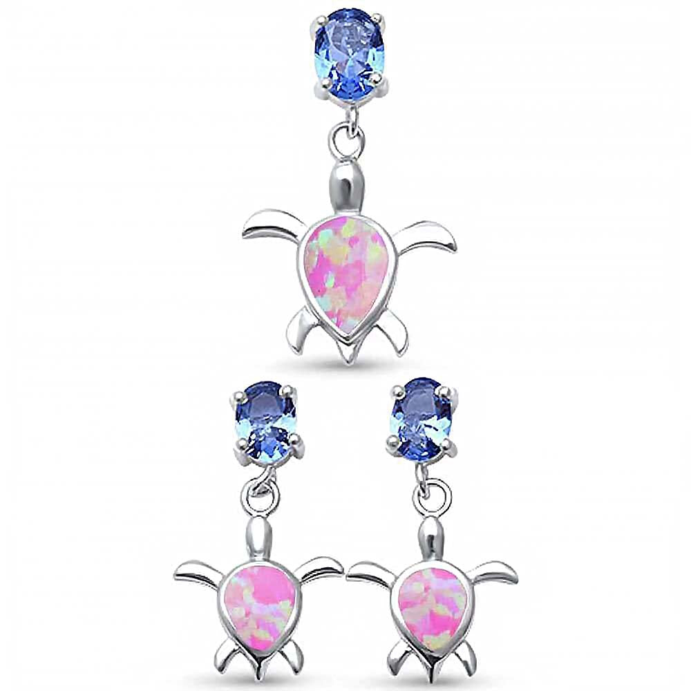 Sterling Silver Lab Created Pink Opal Turtle and Tanzanite Cubic Zirconia Earring And Pendant Set
