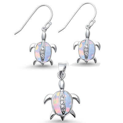 Sterling Silver White Opal and Cubic Zirconia Turtle Pendant Set