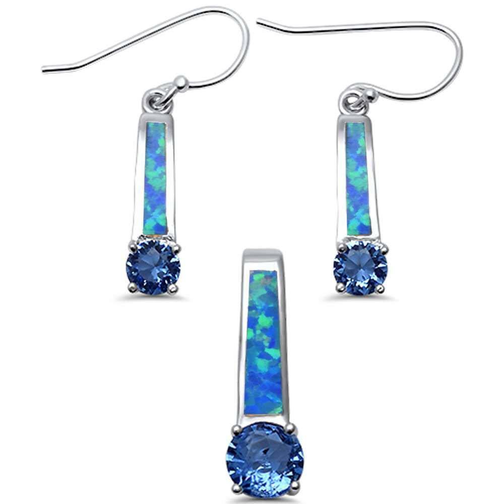 Sterling Silver Dangling Blue Opal And Tanzanite Cubic Zirconia Set .925 Pendant And Earring SetAnd Length 1inchAnd Width 19.05mm