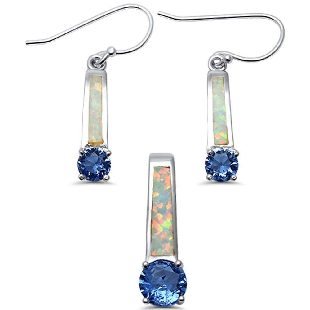 Sterling Silver Dangling White Opal And Tanzanite Cubic Zirconia Set .925 Pendant And Earring SetAnd Length 1inchAnd Width 19.05mm