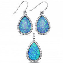 Load image into Gallery viewer, Sterling Silver Pear Shaped Blue Opal And CZ .925 Pendant And Earring Set