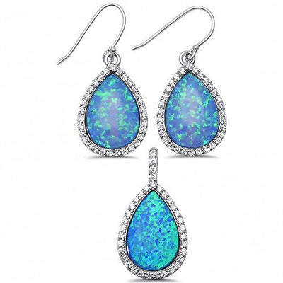 Sterling Silver Pear Shaped Blue Opal And CZ .925 Pendant And Earring Set