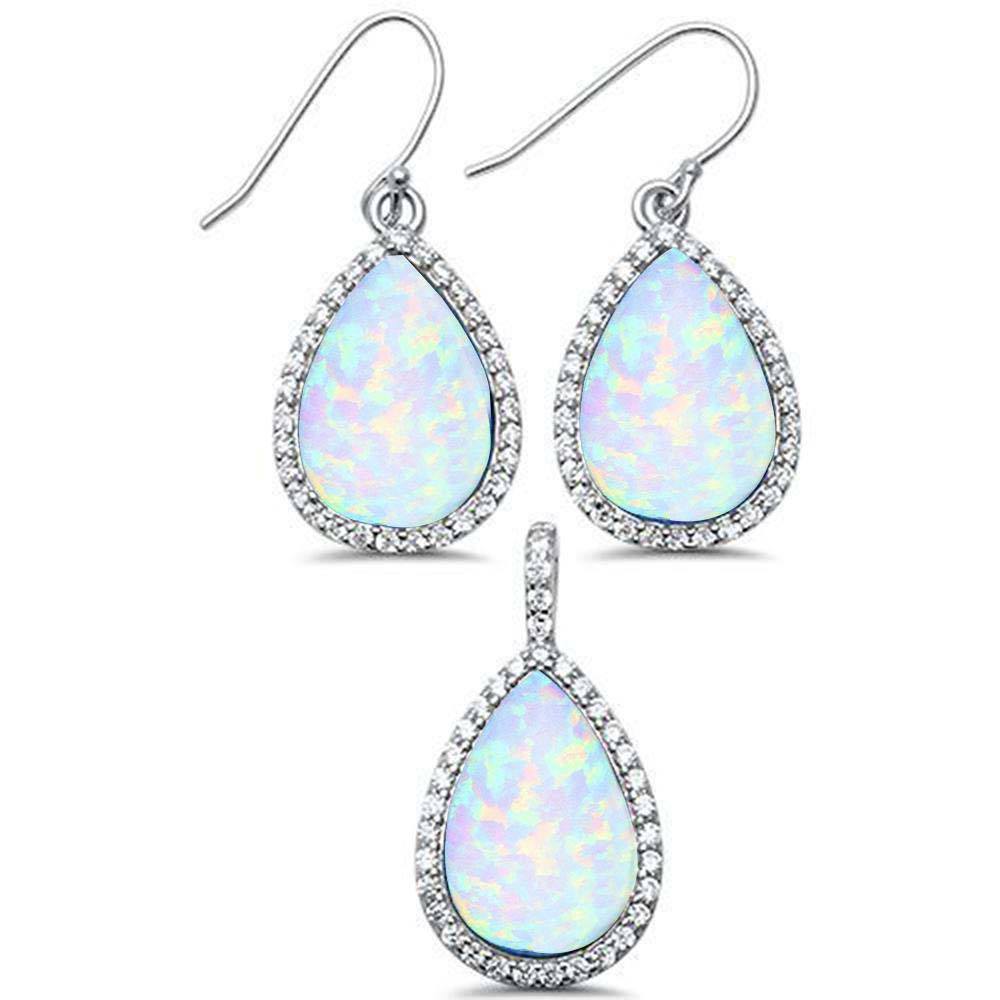 Sterling Silver White Opal & CZ  Pendant And Earring Set