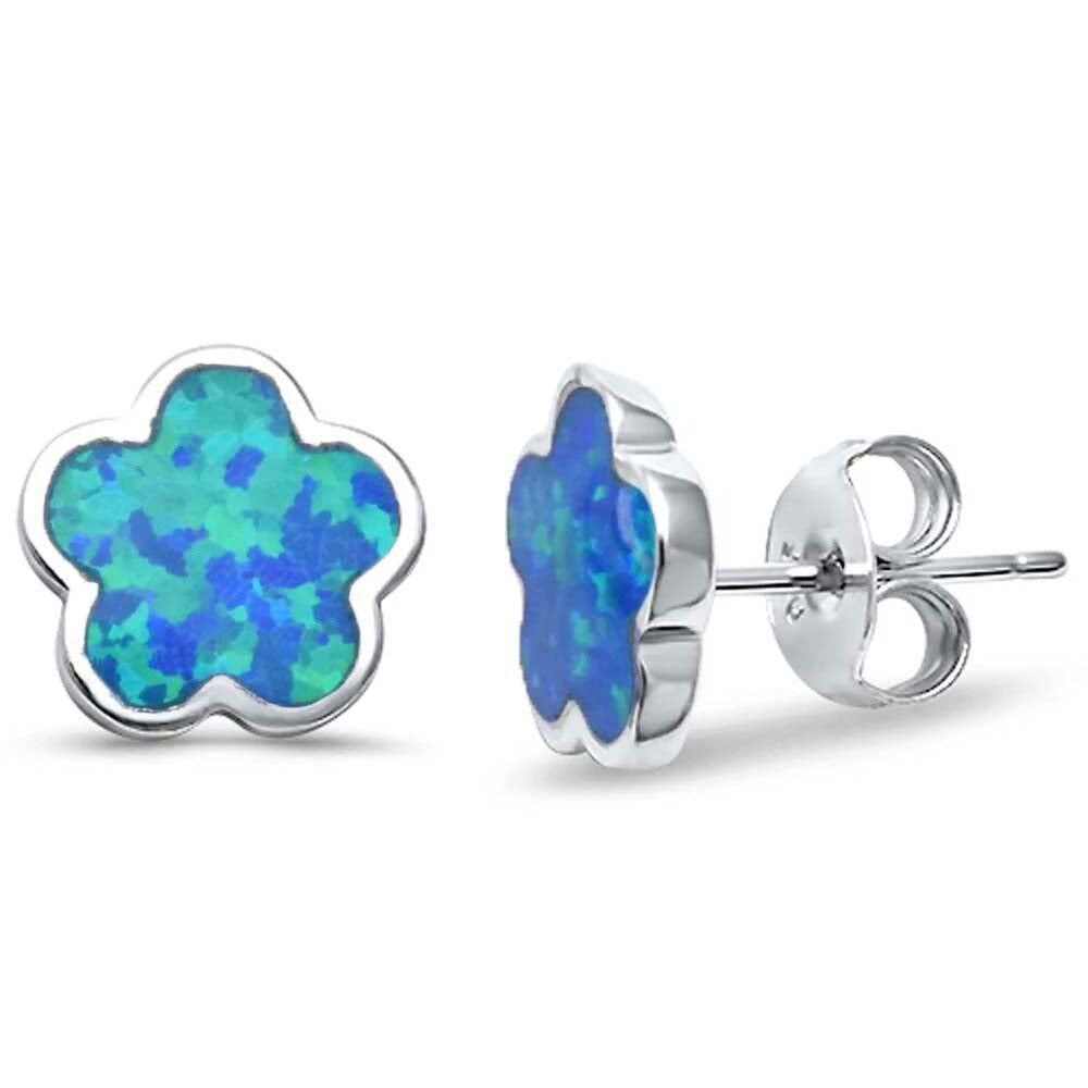 Sterling Silver Lab Created Blue Opal Flower Earrings