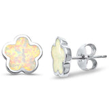 Sterling Silver Lab Created White Opal Flower Earrings