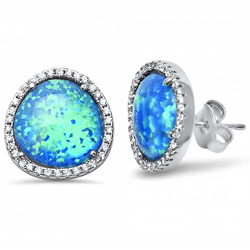 Sterling Silver Lab Created Blue Opal and Cz Earrings