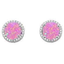 Load image into Gallery viewer, Sterling Silver Halo Pink Opal &amp; Cubic Zirconia Earrings
