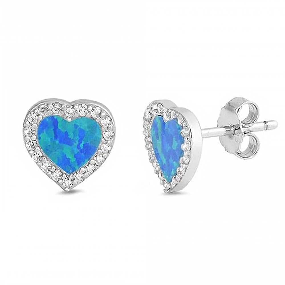 Sterling Silver Blue Opal and Clear CZ Heart Stud Earrings