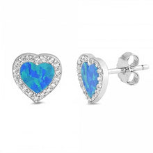 Load image into Gallery viewer, Sterling Silver Blue Opal and Clear CZ Heart Stud Earrings