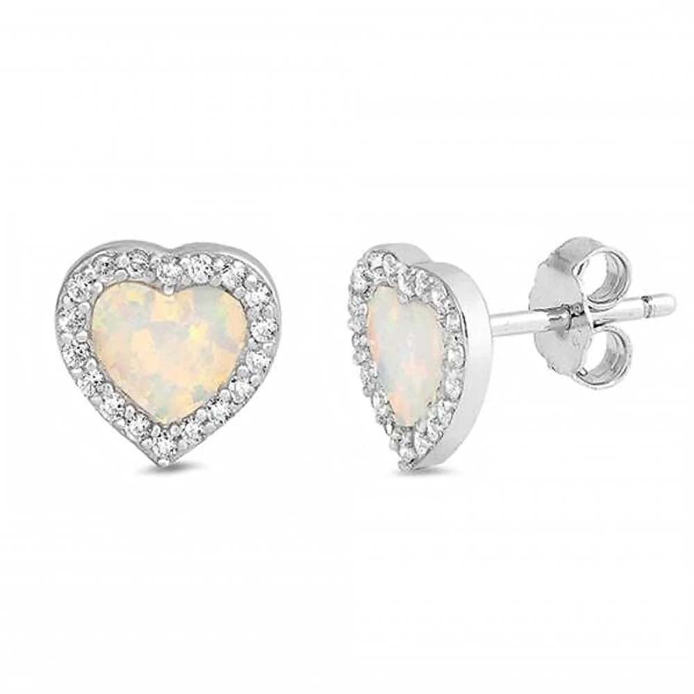 Sterling Silver White Opal and Clear CZ Heart Stud Earrings