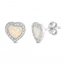 Load image into Gallery viewer, Sterling Silver White Opal and Clear CZ Heart Stud Earrings