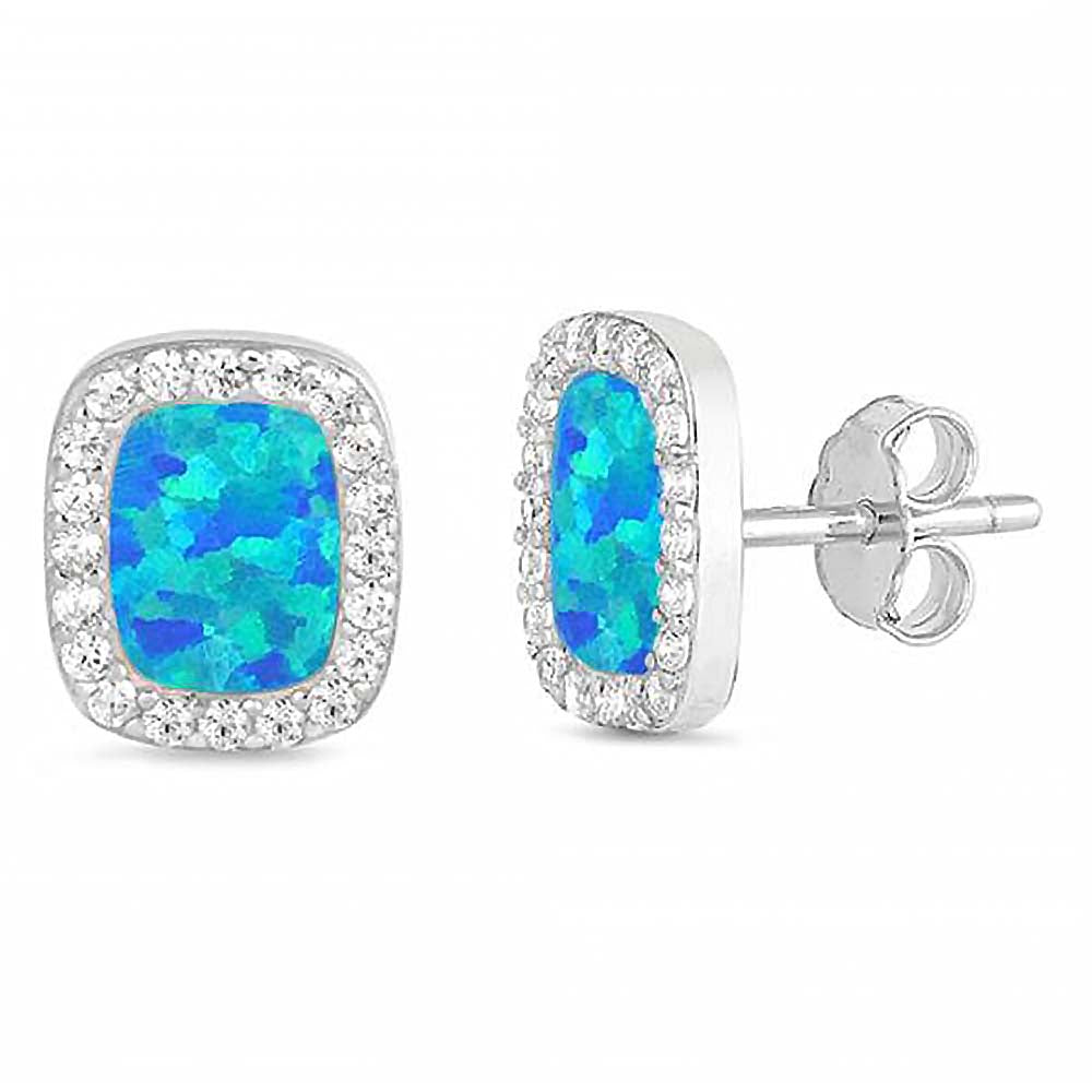 Sterling Silver Blue Opal and Clear CZ Princess Cut Stud Earrings