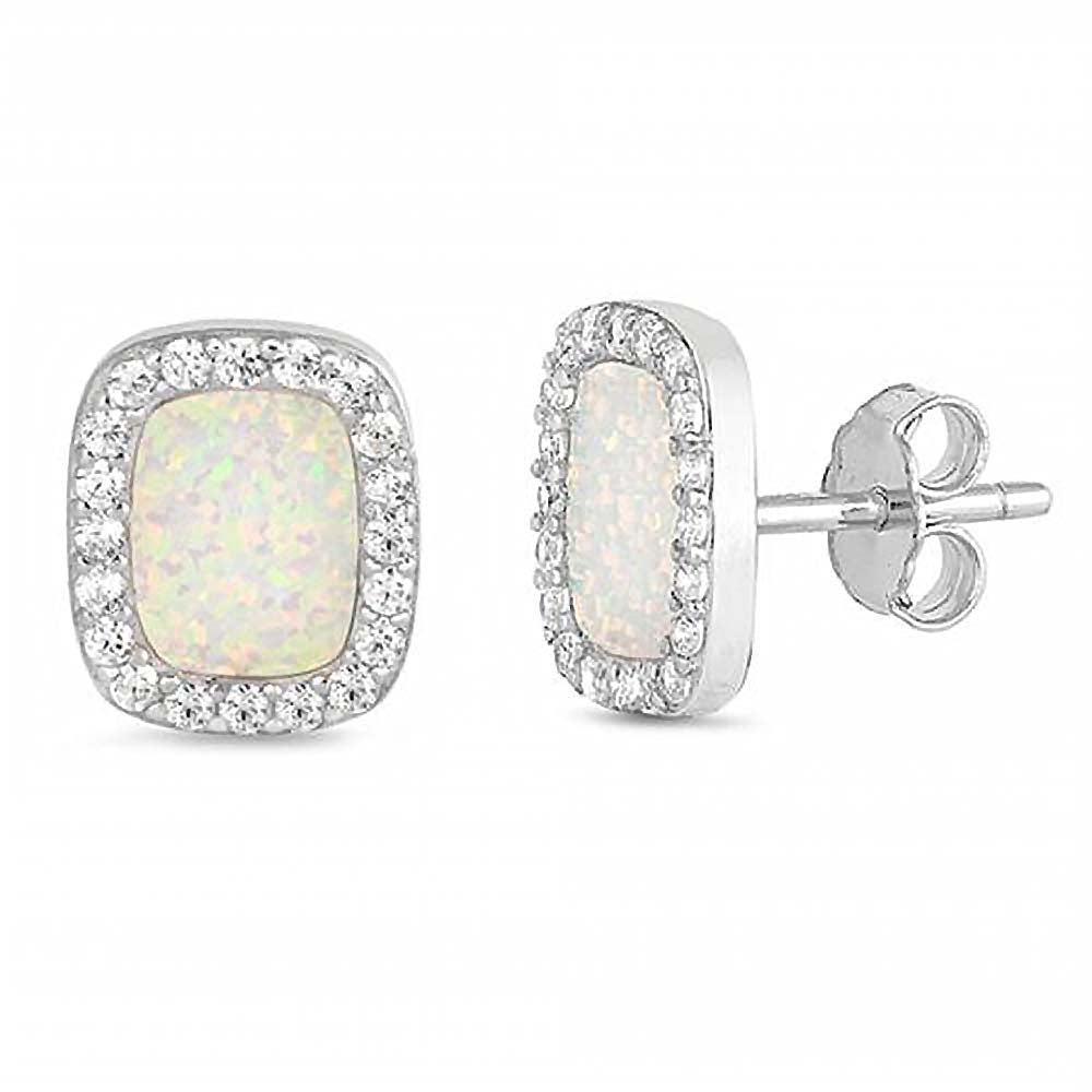 Sterling Silver White Opal and Clear CZ Princess Cut Stud Earrings