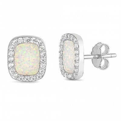 Sterling Silver White Opal and Clear CZ Princess Cut Stud Earrings
