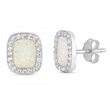 Sterling Silver White Opal and Clear CZ Princess Cut Stud Earrings