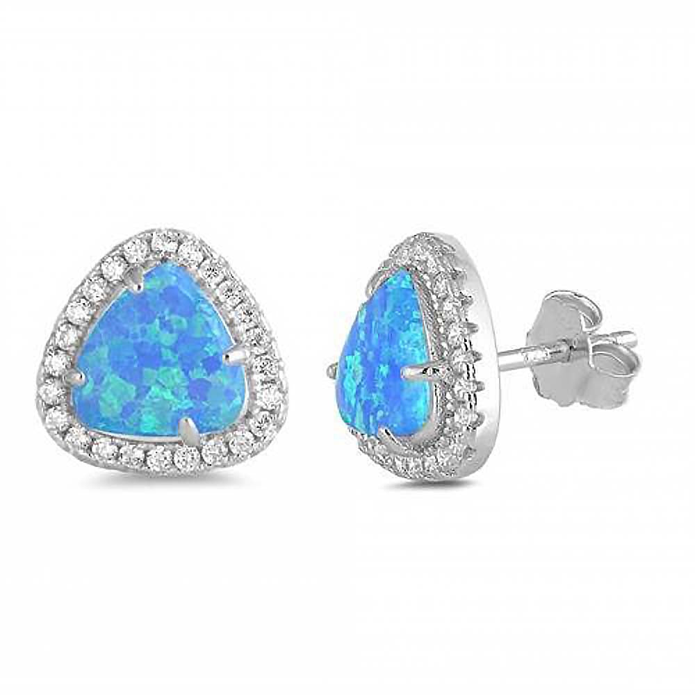 Sterling Silver Blue Opal and Clear CZ Trillion Cut Earrings