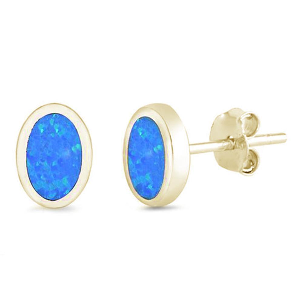 Sterling Silver Yellow Gold Plated Blue Opal Oval Shape Stud Earrings - silverdepot