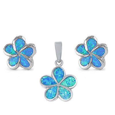 Sterling Silver Blue Opal Flower Earrings and Pendant Set