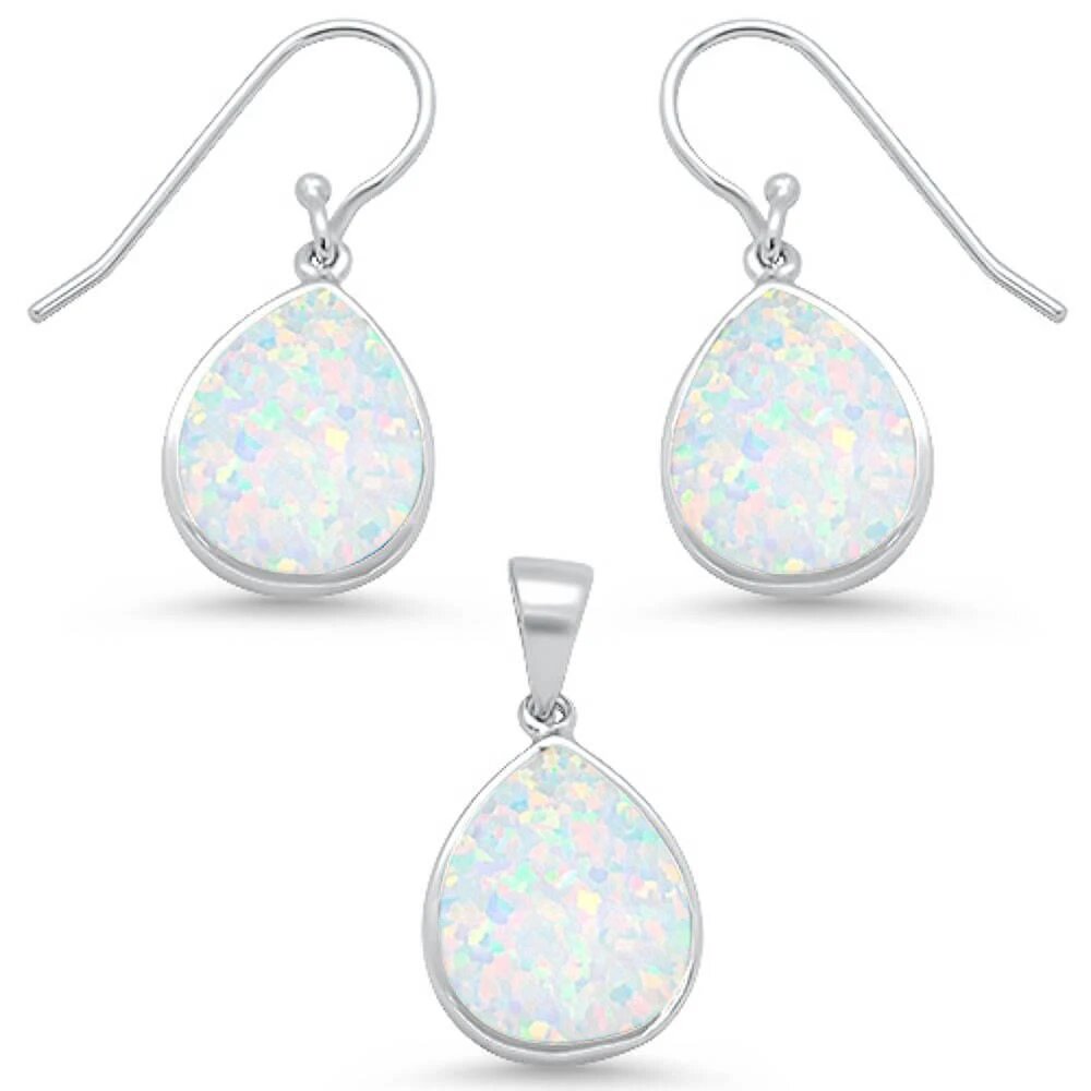 Sterling Silver White Opal Pear Shape Dangle Earring And Pendant Set