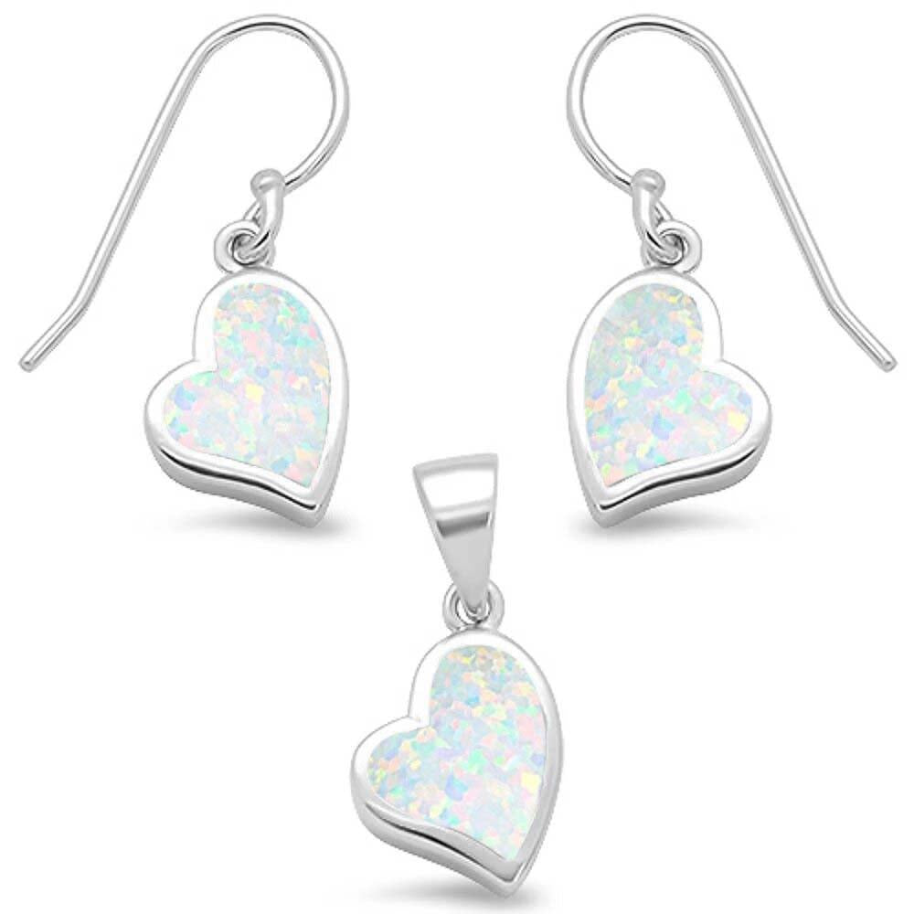 Sterling Silver White Opal Heart Shape Dangle Earring And Pendant Set