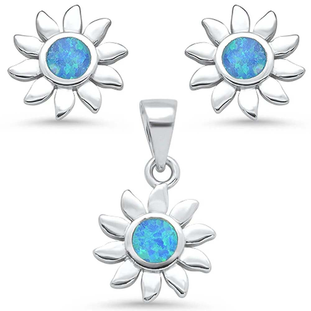 Sterling Silver Blue Opal Sun Earring And Pendant Set