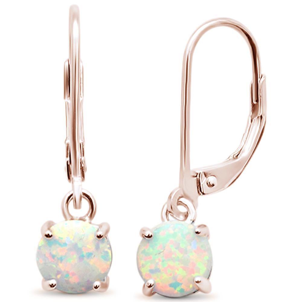 Sterling Silver Rose Gold Plated Round White Opal Lever Back Earrings - silverdepot