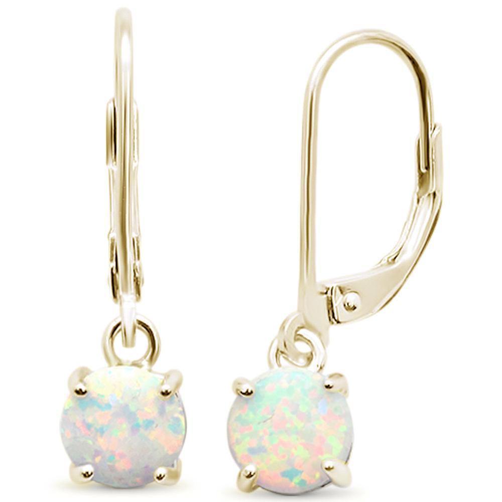 Sterling Silver Yellow Gold Plated Round White Opal Lever Back Earrings - silverdepot