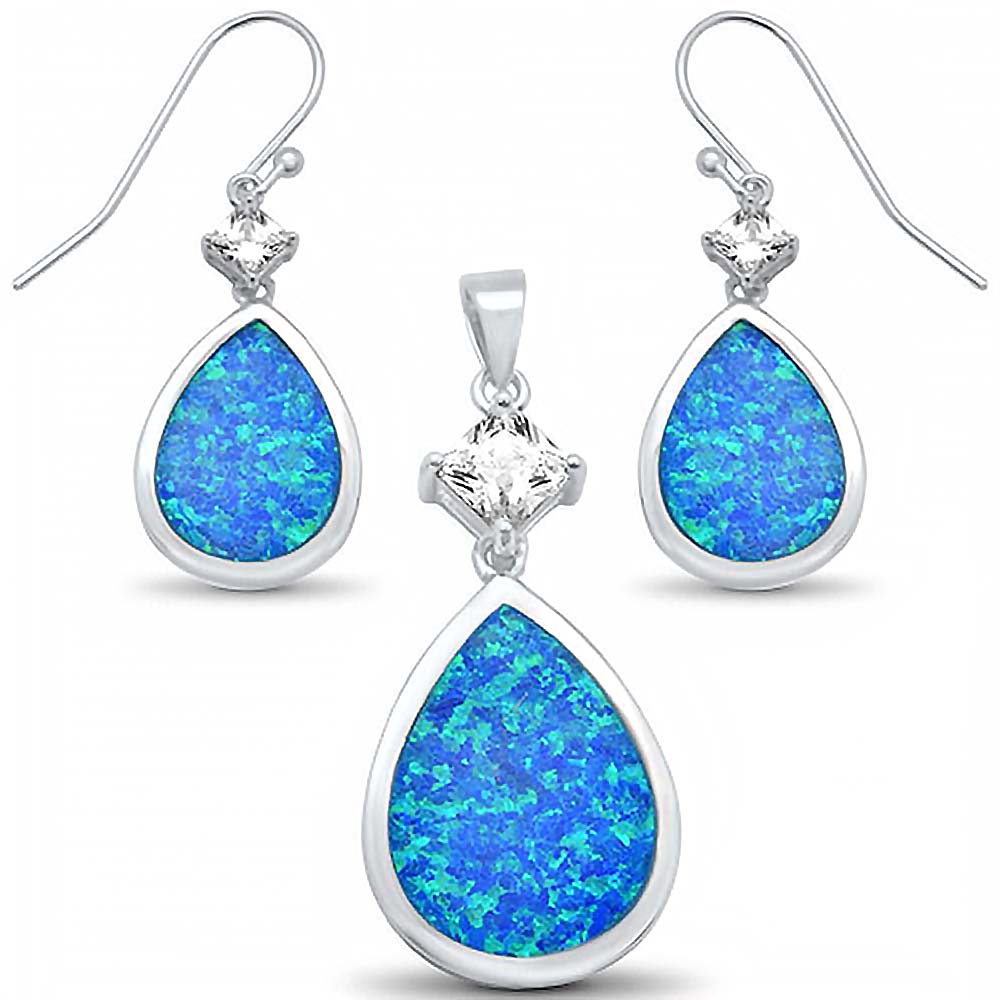 Sterling Silver Blue Opal And CZ Pear Shaped Dangle Pendant And Earrings