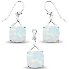 Sterling Silver White Opal Cushion Dangle Earring And Pendant Set