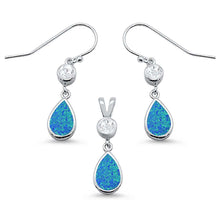 Load image into Gallery viewer, Sterling Silver Blue Opal Pear Shape And Cubic Zirconia Dangle Earring And Pendant Set