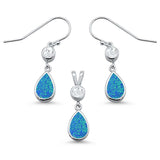Sterling Silver Blue Opal Pear Shape And Cubic Zirconia Dangle Earring And Pendant Set