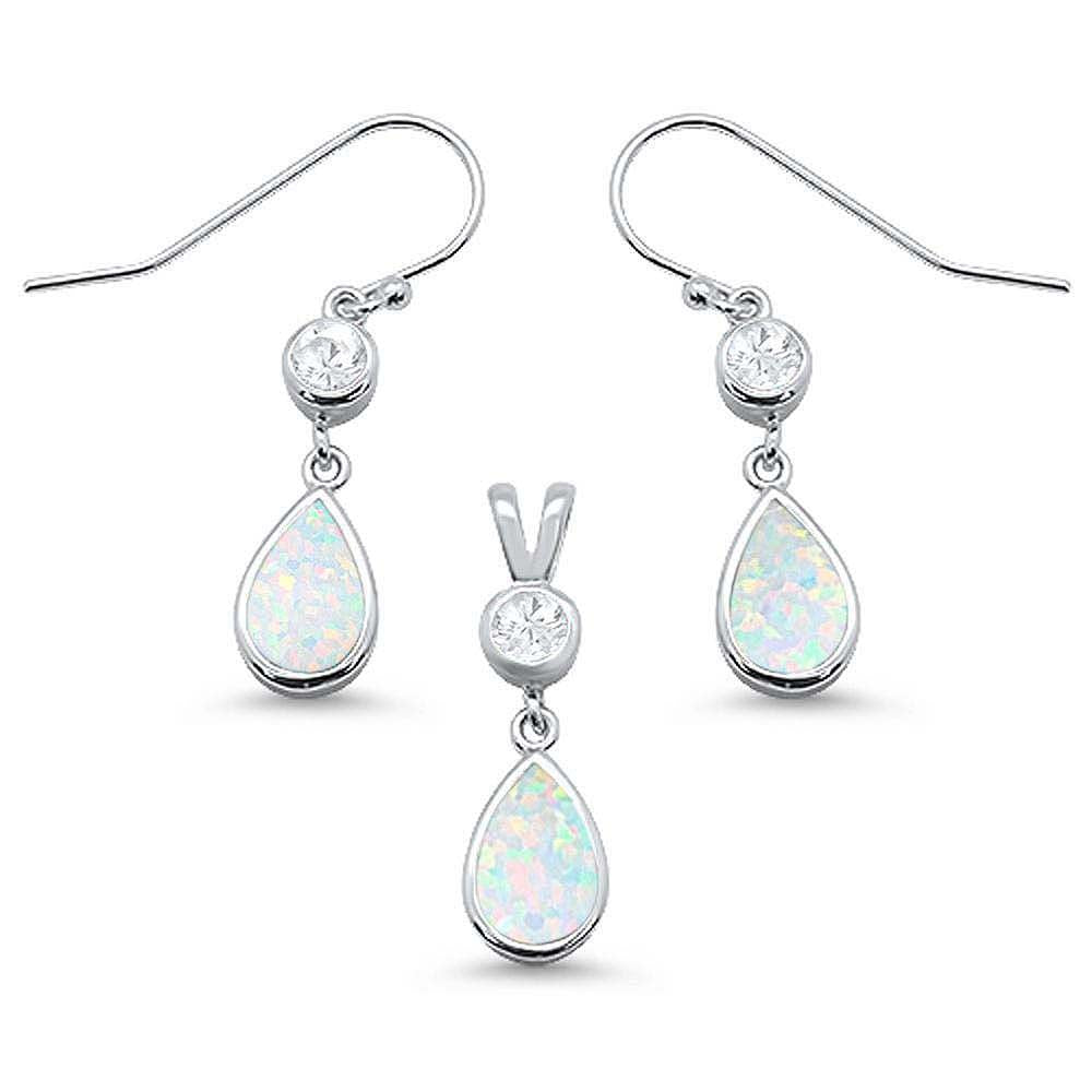 Sterling Silver White Opal White Opal Pear Shape And CZ Dangle Earring And Pendant Set