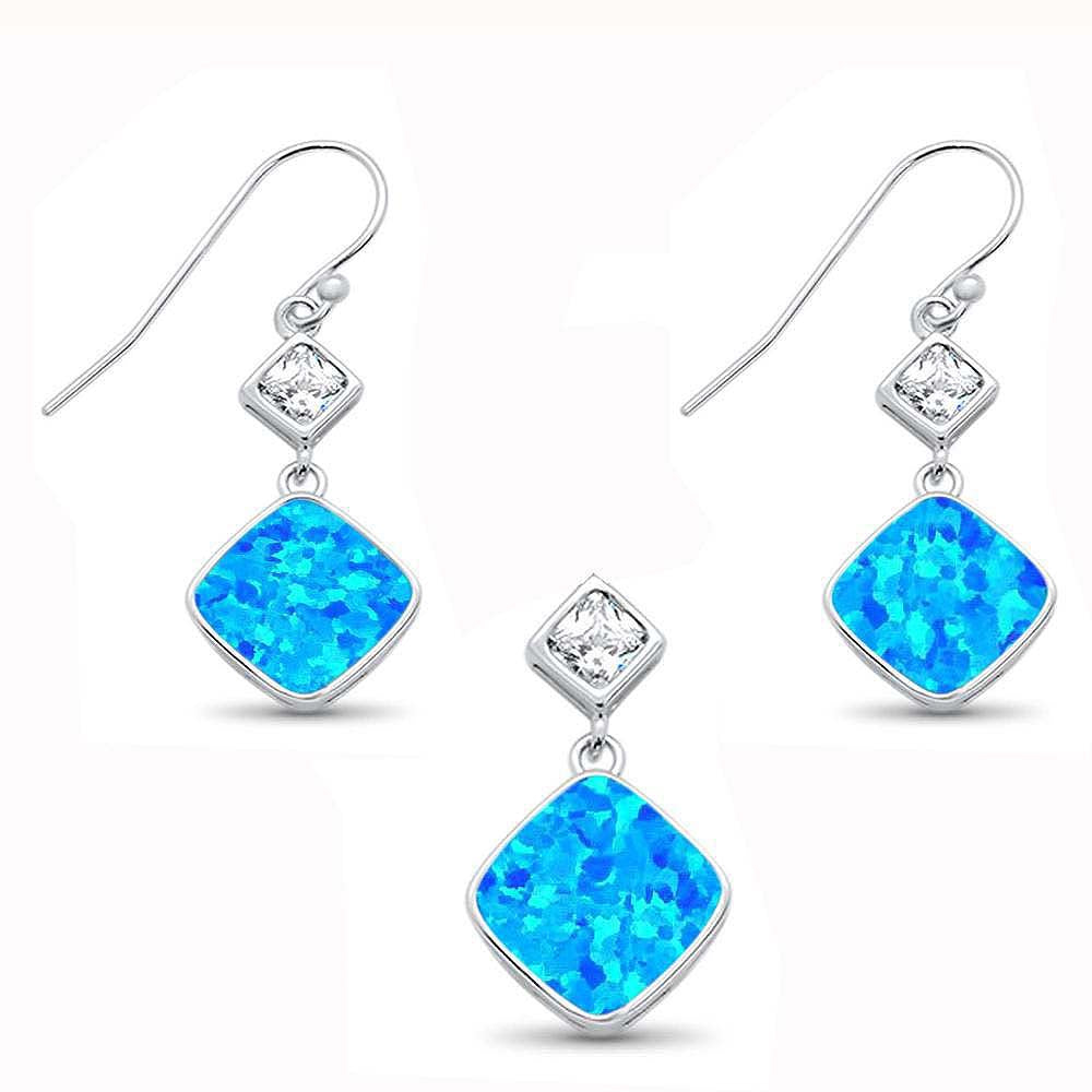 Sterling Silver Pincess Cut Blue Opal and CZ Earring and Pendant Set