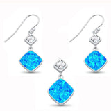 Sterling Silver Pincess Cut Blue Opal and CZ Earring and Pendant Set