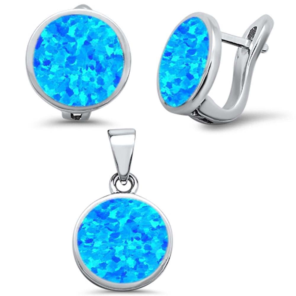 Sterling Silver Blue Opal Round Earring And Pendant Set
