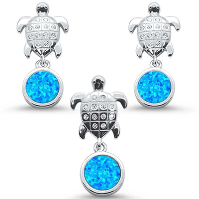Sterling Silver Blue Opal Ad CZ Turtle Earring And Pendant Set
