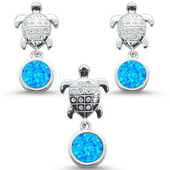 Sterling Silver Blue Opal Ad CZ Turtle Earring And Pendant Set