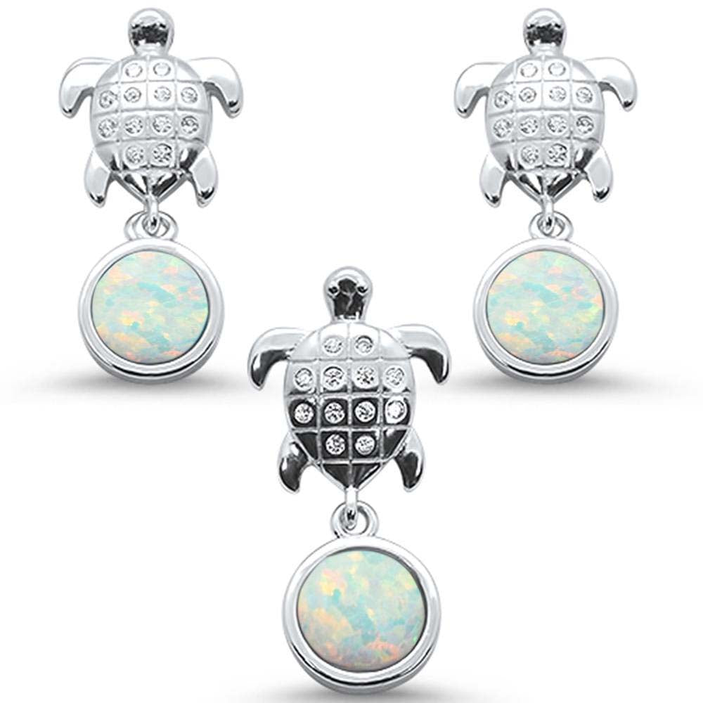 Sterling Silver White Opal Ad CZ Turtle Earring And Pendant Set