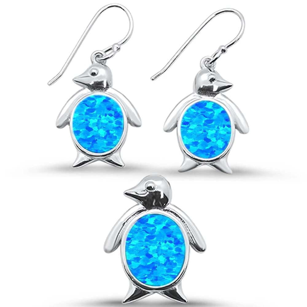 Sterling Silver Blue Opal Penguin Dangle Earring And Pendant Set