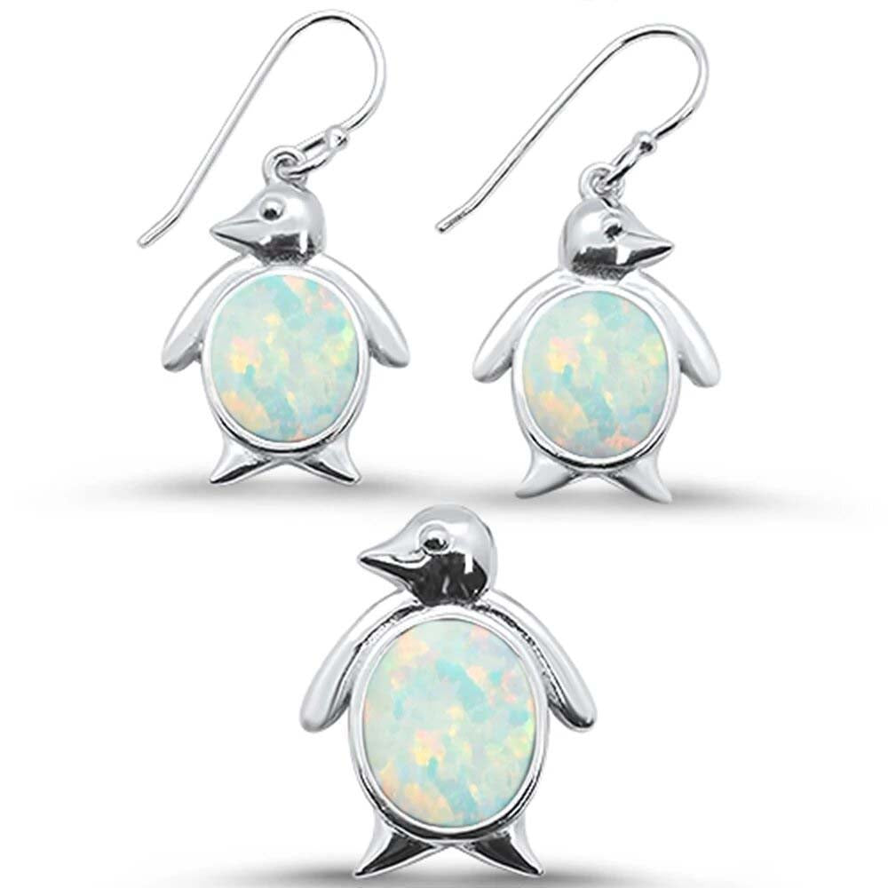 Sterling Silver White Opal Penguin Dangle Earring And Pendant Set