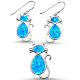 Sterling Silver Blue Opal Cat Design Dangle Earring And Pendant Set